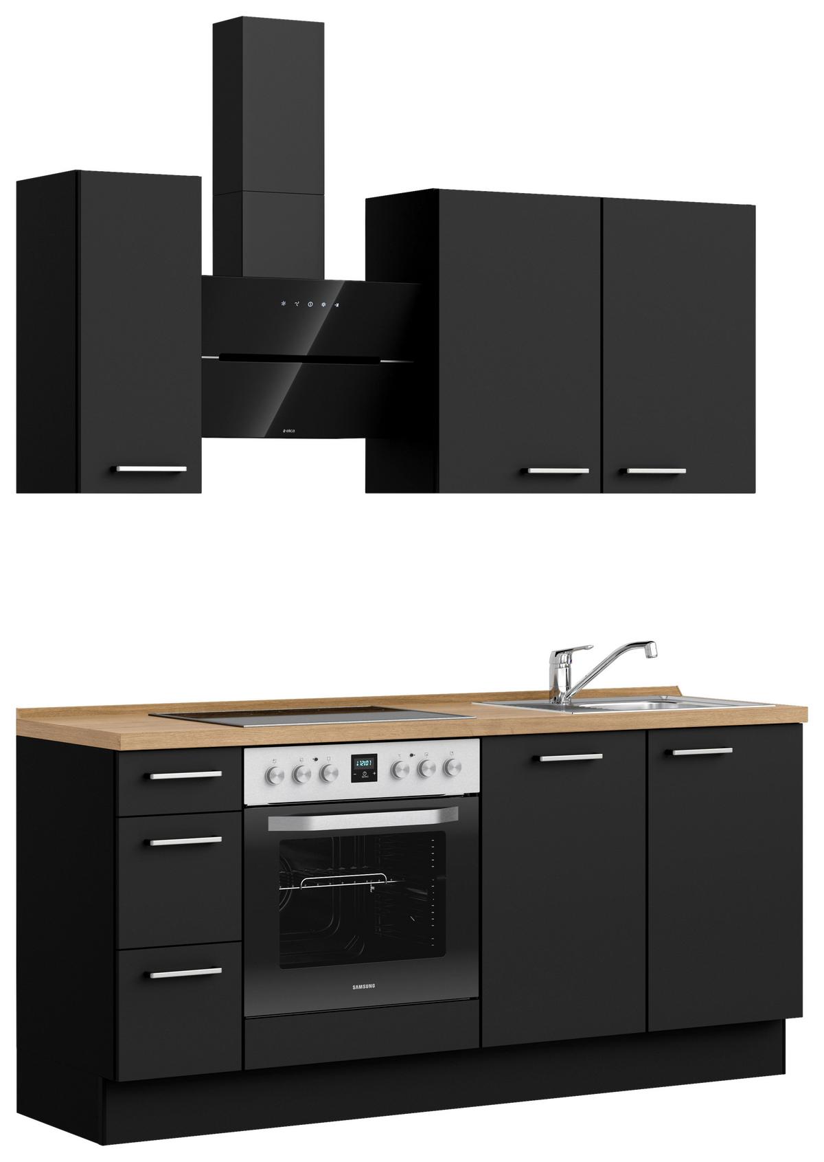 Kuchyňská linka 180 cm, černá matná/ barva dub - černá/barvy dubu, Moderní, kov/kompozitní dřevo (180cm) - Nobilia