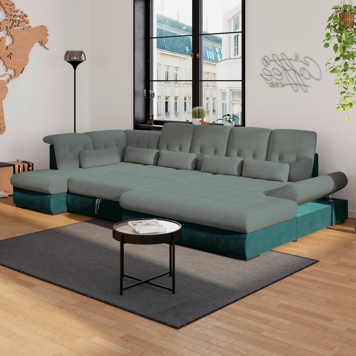 Wohnlandschaft Madera Mit Schlaffunktion Grün - Türkis/Blau, KONVENTIONELL, Kunststoff/Textil (212/358/190cm)