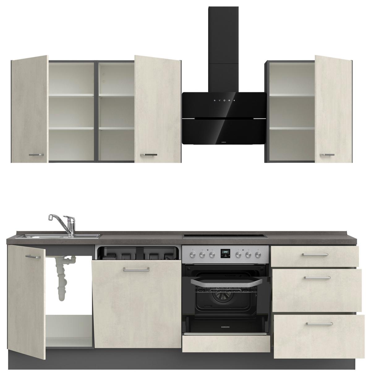 Kuchynská linka 240CM biely betón/ bridlicová šedá - biela/farba ušľachtilej ocele, Modern, kov/kompozitné drevo (240cm) - Nobilia