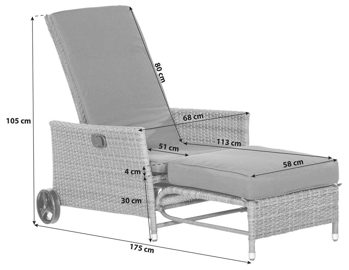 Gartenliege Komfort Mit Auflage, Rollen + Fußhocker - Dunkelgrau/Grau, KONVENTIONELL, Kunststoff/Textil (68/105/175cm) - Gardenson