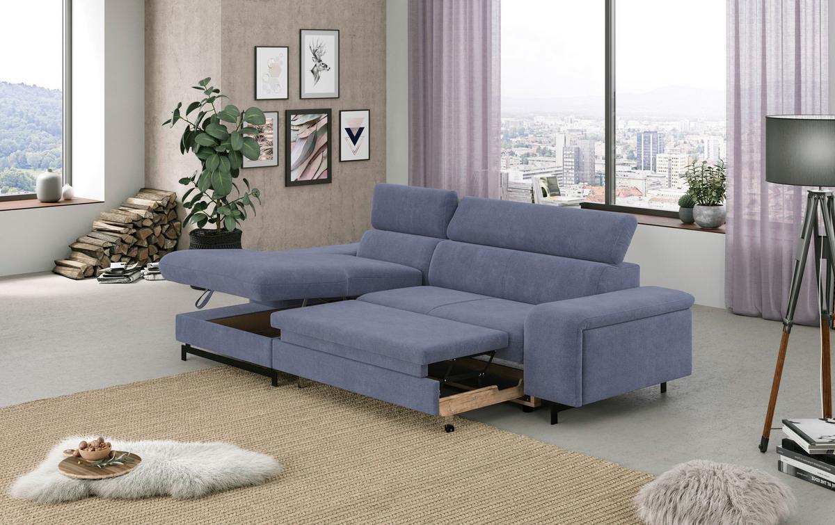 Ecksofa Mit Bettkasten Emma Blau 165x267 Cm - Blau/Schwarz, Textil (165/267cm) - MID.YOU