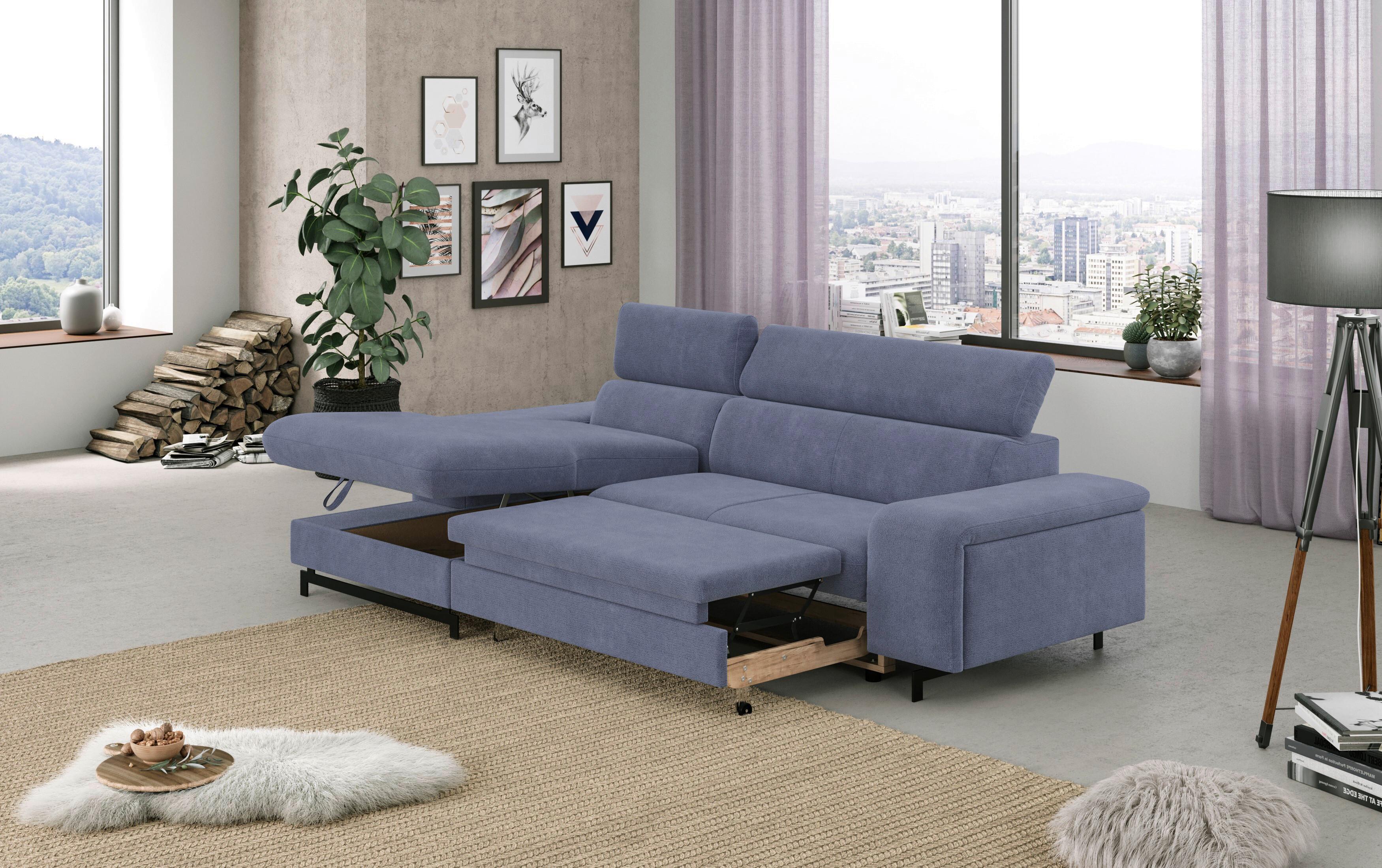 Ecksofa mit Schlaffunktion & Bettkasten Emma Blau