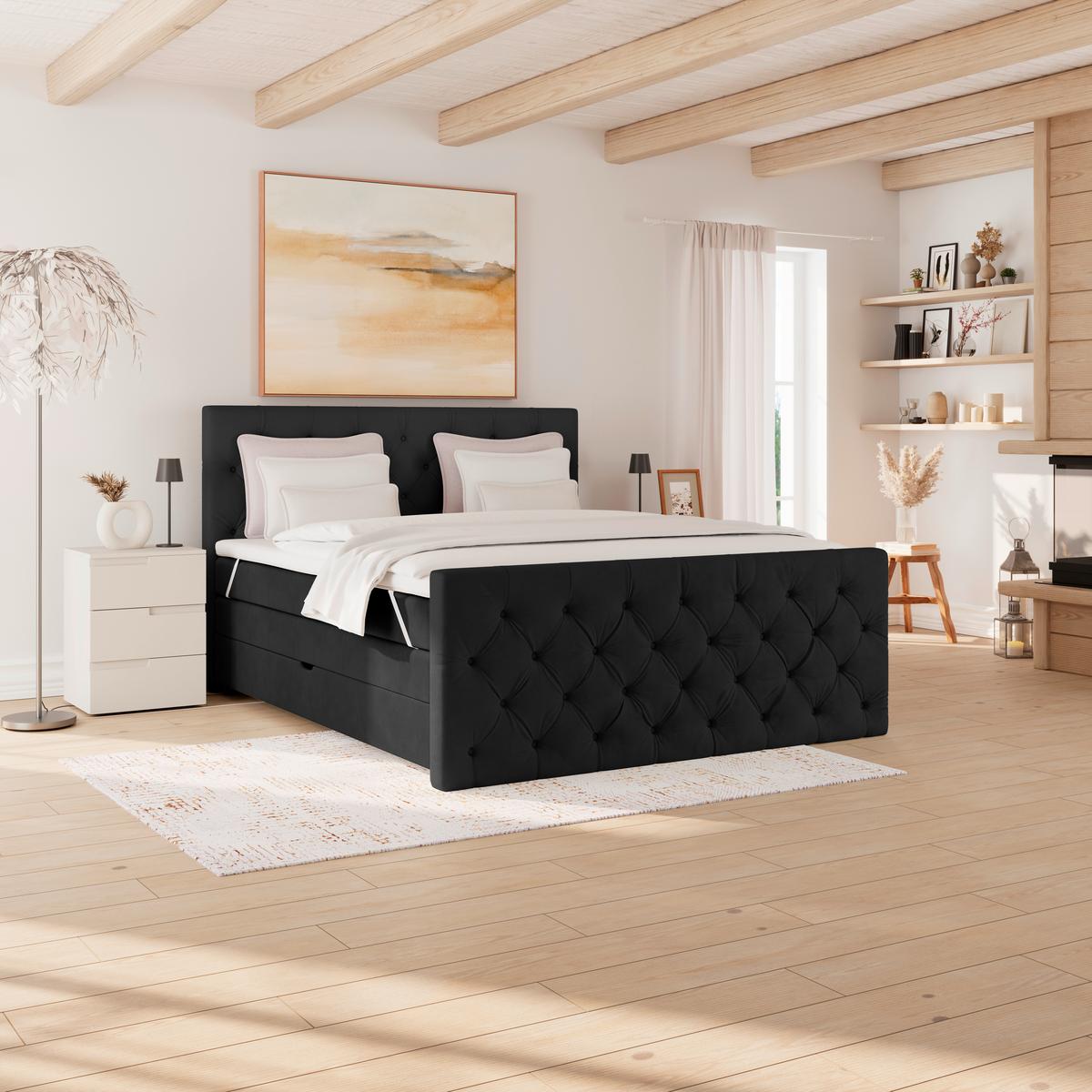 Boxspringbett Elio Schwarz 180x200 cm H2 - Beige/Schwarz, ROMANTIK / LANDHAUS, Textil (180/200cm) - James Wood