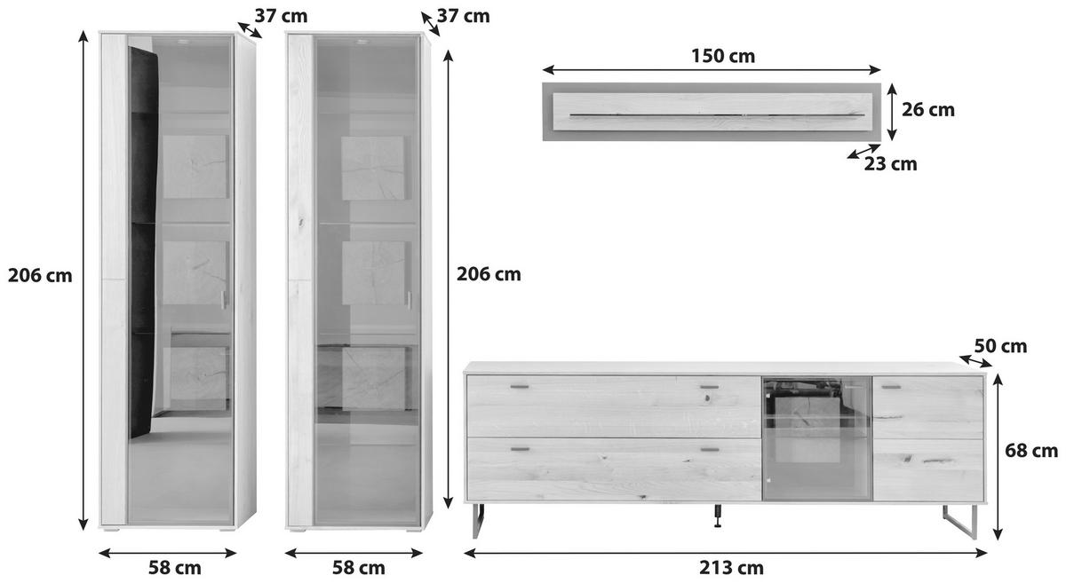 Wohnwand Assini 4-Teilig Wildeiche B: 359 cm - Wildeiche/Schwarz, Design, Glas/Holz (359/206/50cm) - MID.YOU