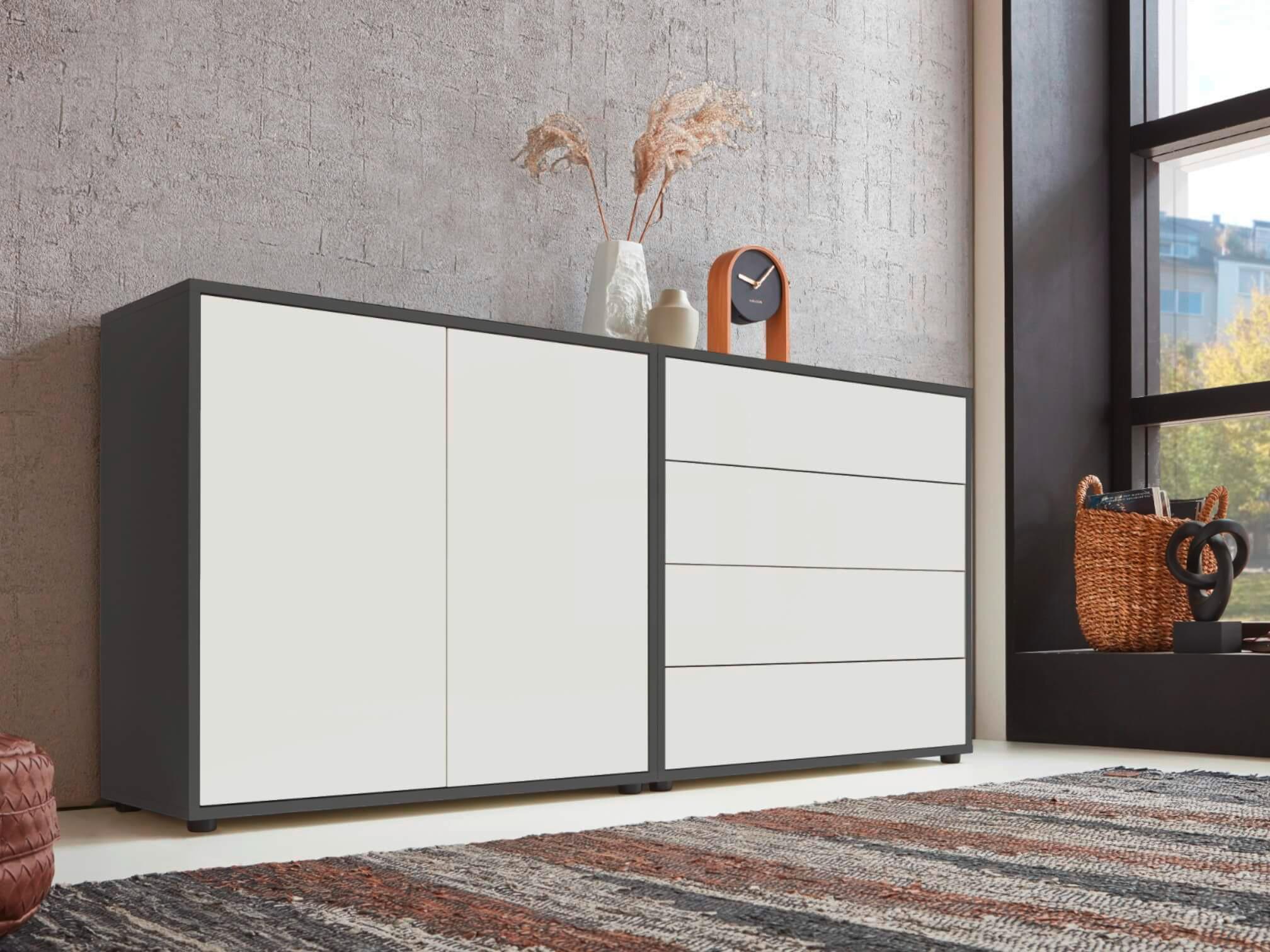 Sideboard Mailand3b:158cm Anthrazit/Weiß - Anthrazit/Schwarz, MODERN, Holzwerkstoff (158/73/33cm) - MID.YOU
