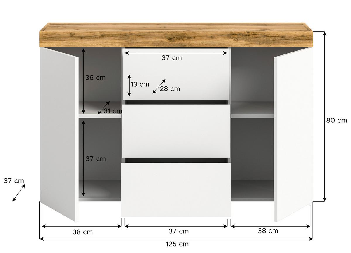 Sideboard Sugar Weiß/eiche Dekor B: 125 Cm - Eiche Wotan/Weiß, Design, Holzwerkstoff (125/80/37cm) - MID.YOU