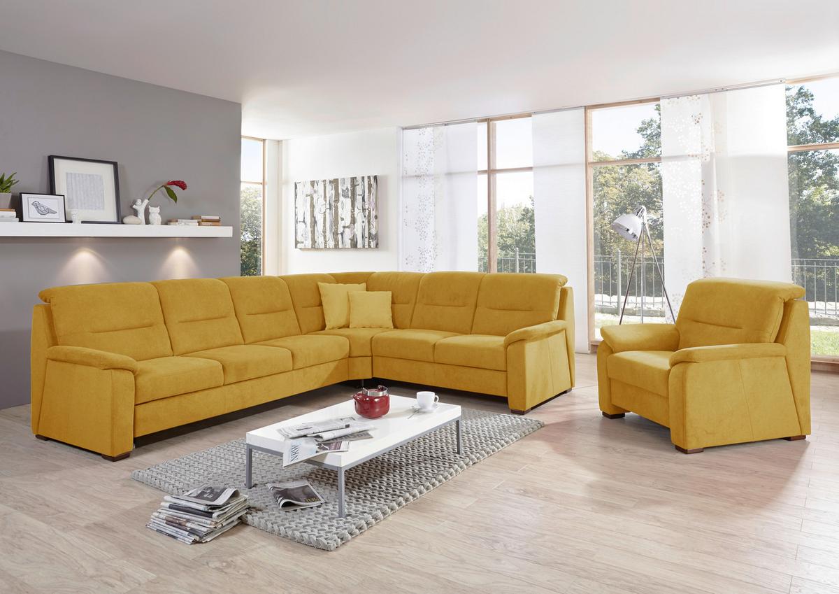 Sedací souprava ESE, pravá, žlutá, bez funkcí - černá/žlutá, Konvenční, dřevo/textil (303/245cm)