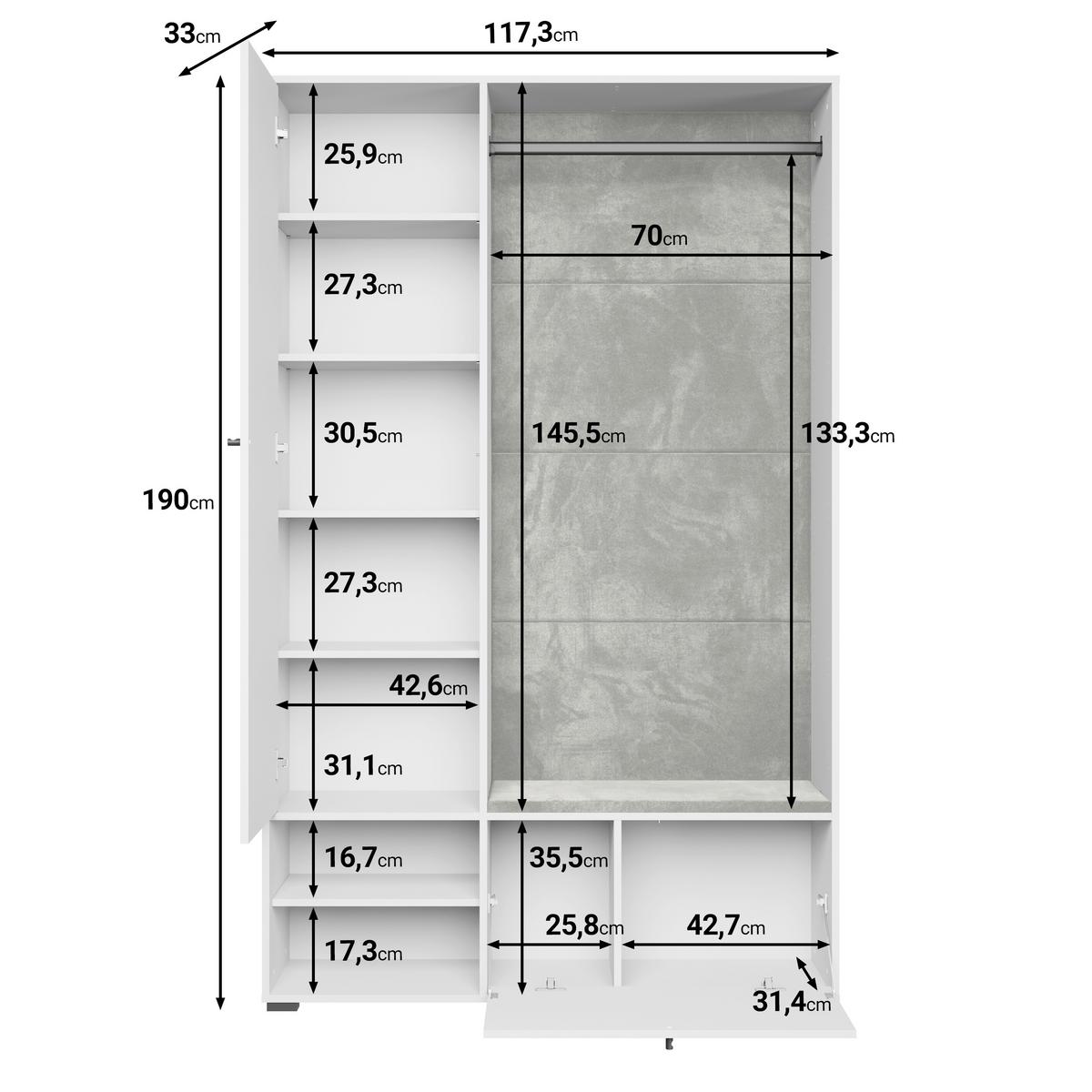 Garderobe Dino 013 Weiß B: 117,3 cm - Weiß, Basics, Holzwerkstoff (117,3/190/33cm) - P & B