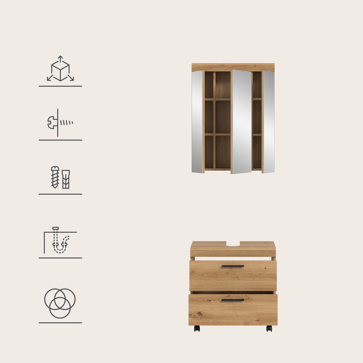 Badezimmer Scout Eiche Artisan Dekor B: 60cm - Schwarz/Eiche Artisan, Trend, Glas/Holzwerkstoff (60cm) - MID.YOU