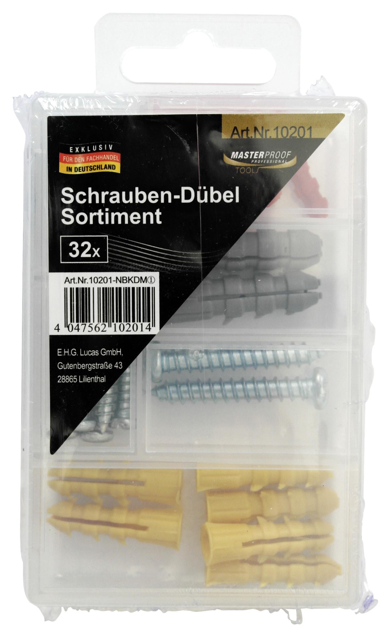 Schrauben- & Dübel-Set 32--Teilig. Sortimentsbox - KONVENTIONELL, Kunststoff