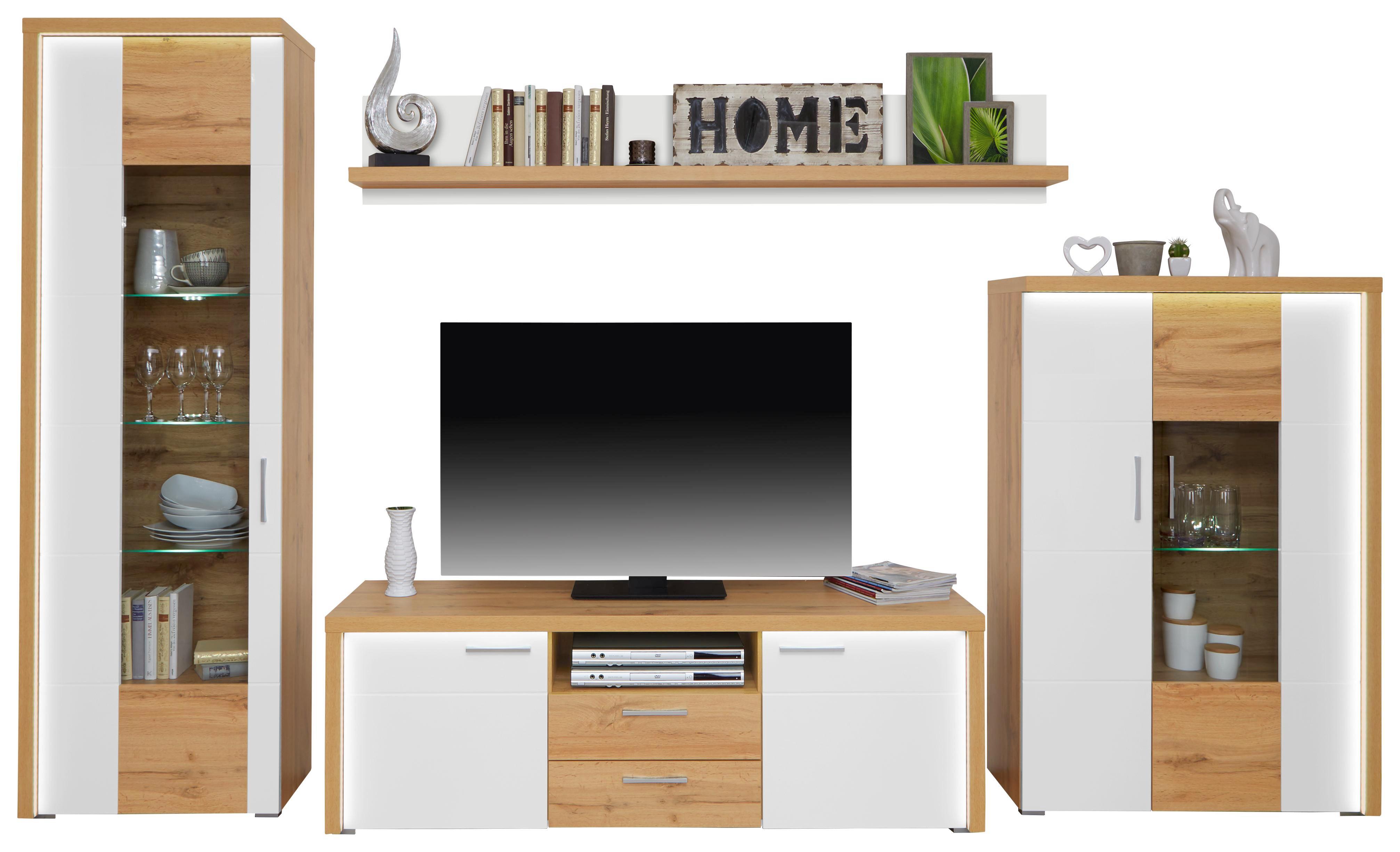 Wohnkombination Eleganza 2 - Eichefarben/Alufarben, MODERN, Glas/Holzwerkstoff (316/161/50cm)