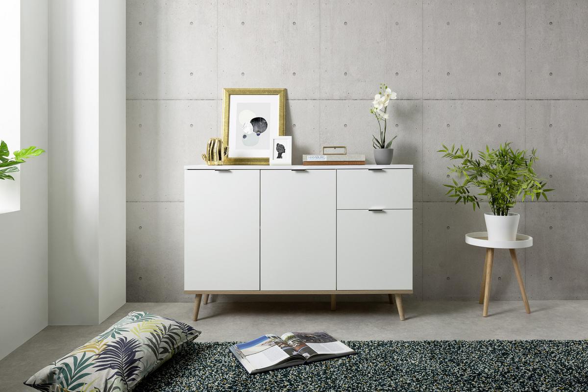 Kommode Mit Echtholz-füßen B 120cm Göteborg 56, Weiß/eiche - Weiß/Sonoma Eiche, KONVENTIONELL, Holzwerkstoff (120/85/40cm) - MID.YOU