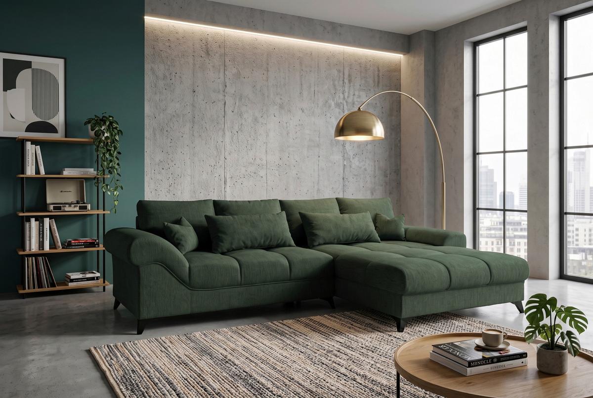 Rohová sedačka NOAH, obojstranná, tmavozelená - čierna/tmavozelená, Modern, kompozitné drevo/textil (295/195cm) - Mömax