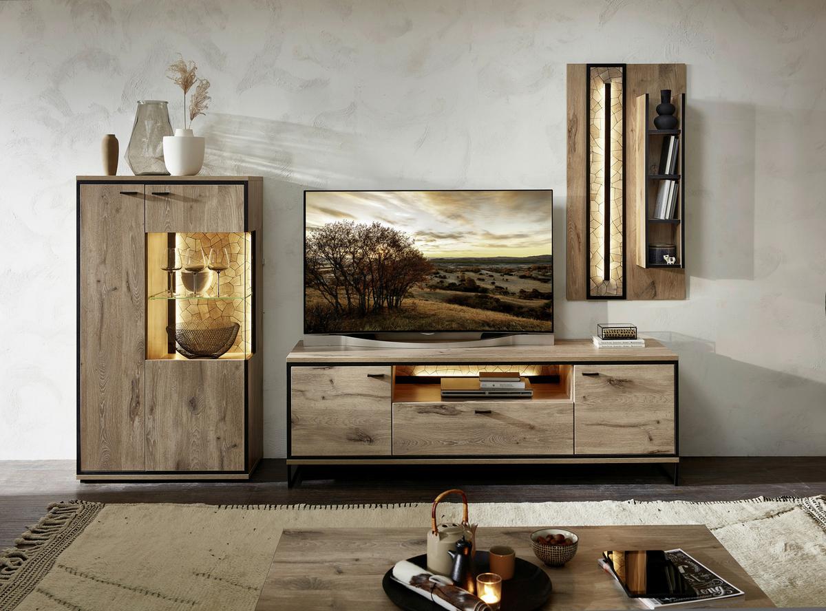 Wohnwand Ruben - Eichefarben/Schwarz, KONVENTIONELL, Glas/Holzwerkstoff (290/201/49cm) - Livetastic