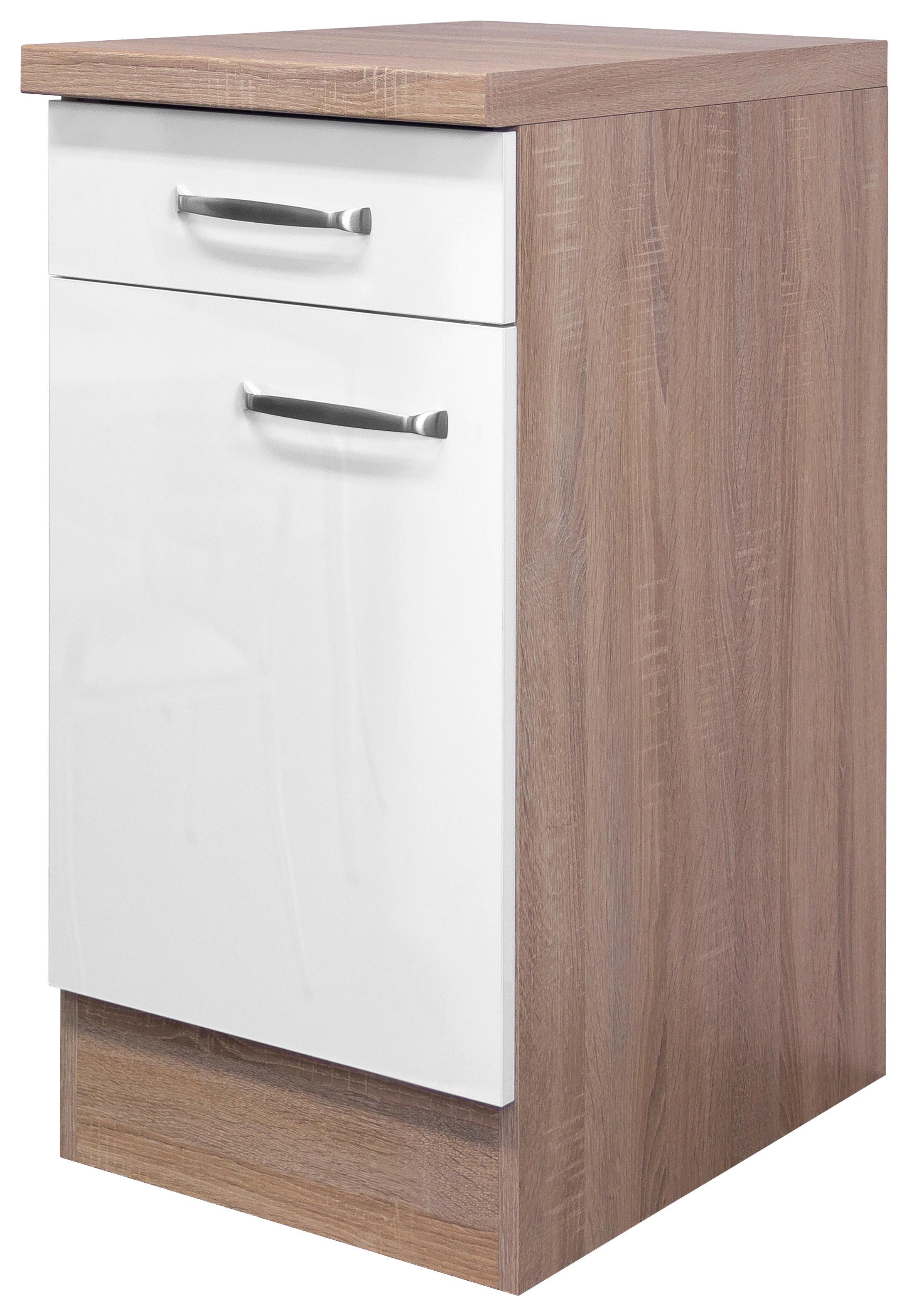 Spodná kuchynská skrinka Venezia-Valero 40cm - biela s vysokým leskom/farba ušľachtilej ocele, Modern, kov/kompozitné drevo (40/86/60cm) - FlexWell