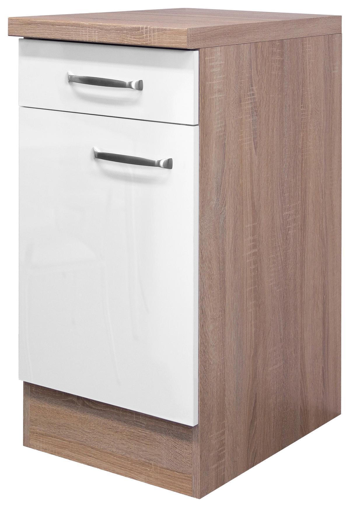 Spodná kuchynská skrinka Venezia-Valero 40cm - biela s vysokým leskom/farba ušľachtilej ocele, Modern, kov/kompozitné drevo (40/86/60cm) - FlexWell