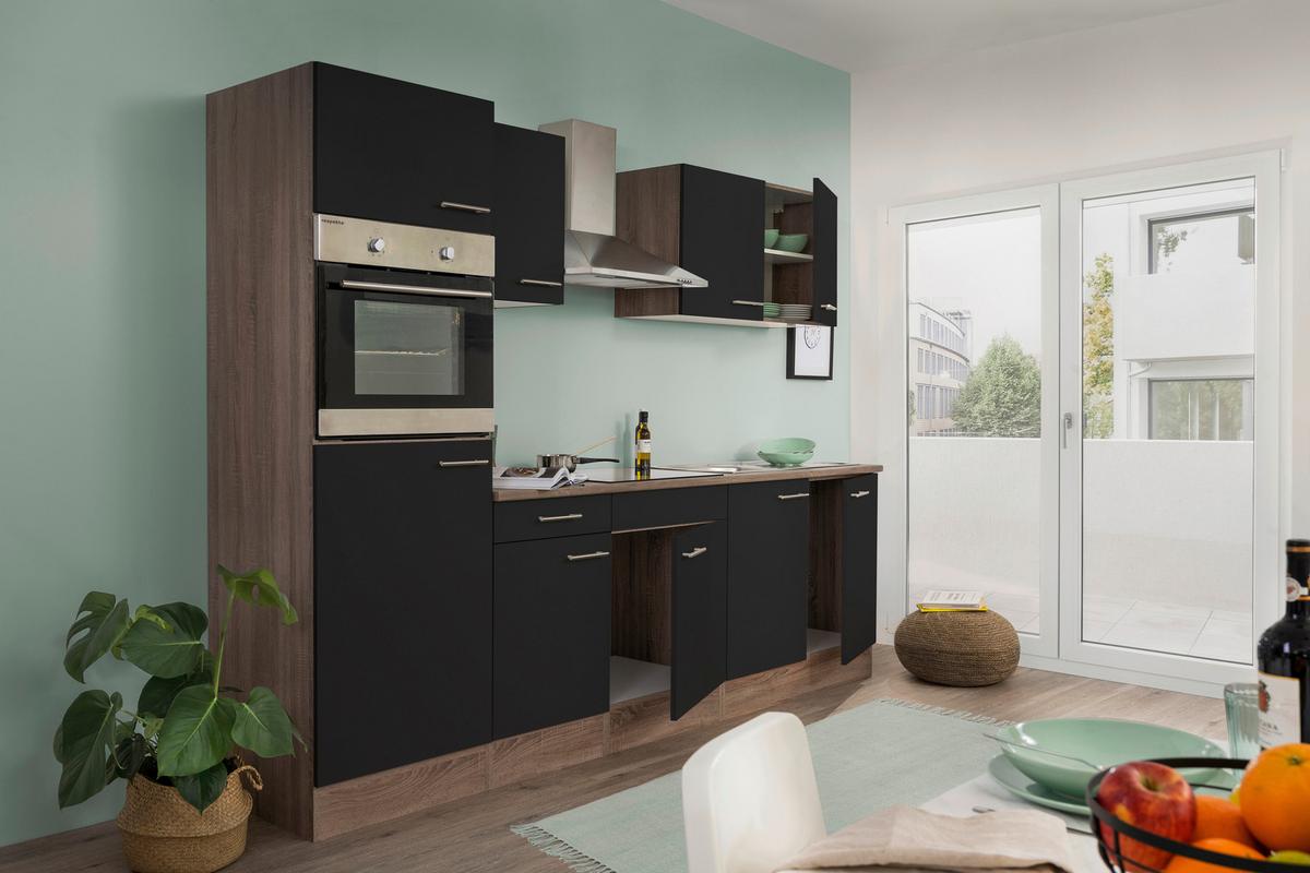 Küchenzeile mit Geräten B: 270 cm Schwarz/Eiche Dekor - Eichefarben/Schwarz, Design, Holzwerkstoff (270cm) - Respekta