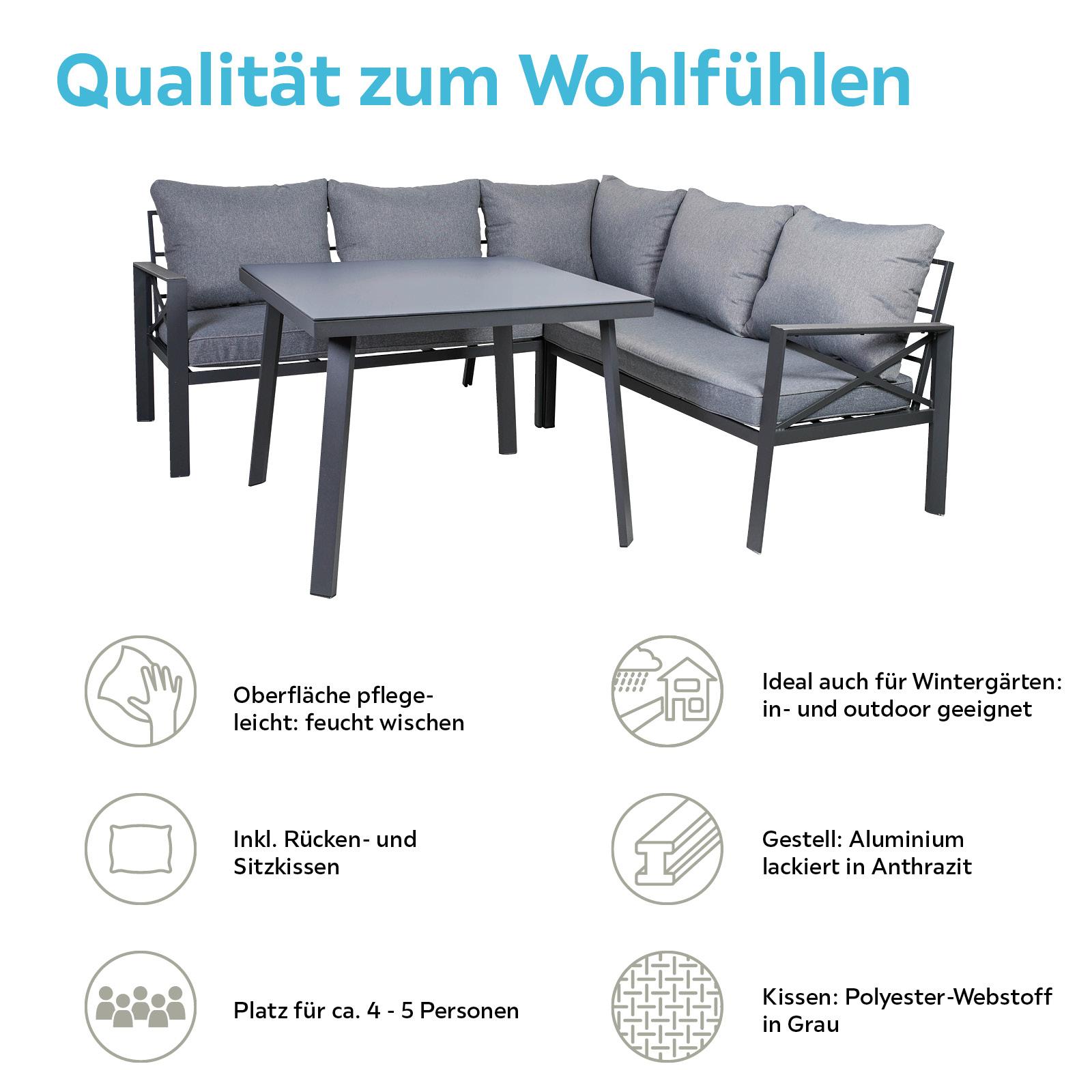 Loungegarnitur 4-Tlg Amsterdam aus Aluminium mit Glasplatte - Anthrazit, Basics, Glas/Textil (131,5/77/72cm) - Gardenson
