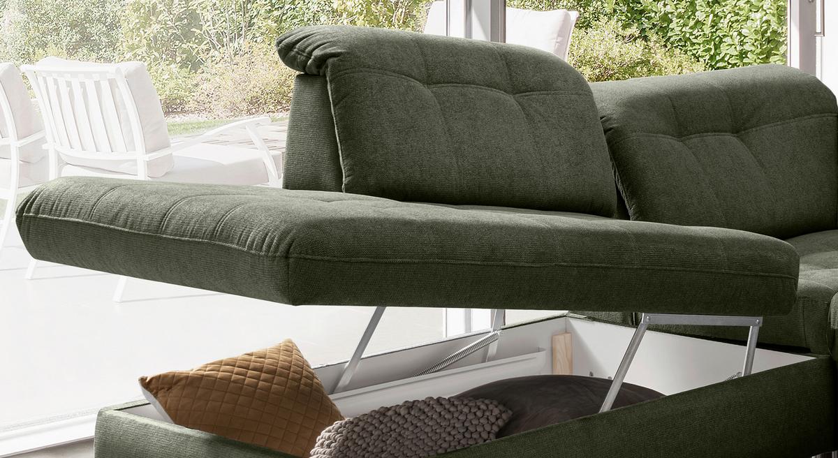 Wohnlandschaft Mit Bettkasten Rigatti Dunkelgrün B: 387 Cm - Dunkelgrün/Schwarz, MODERN, Textil (252/387/184cm) - Livetastic