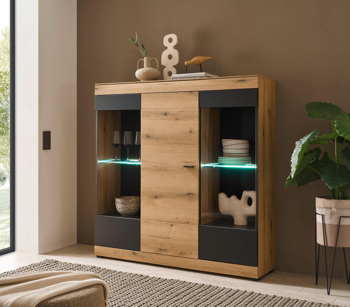 Highboard Soleto Graphit-/Eichefarben B: 140cm - Eichefarben/Schwarz, Design, Glas/Holzwerkstoff (140/141/35cm) - MID.YOU