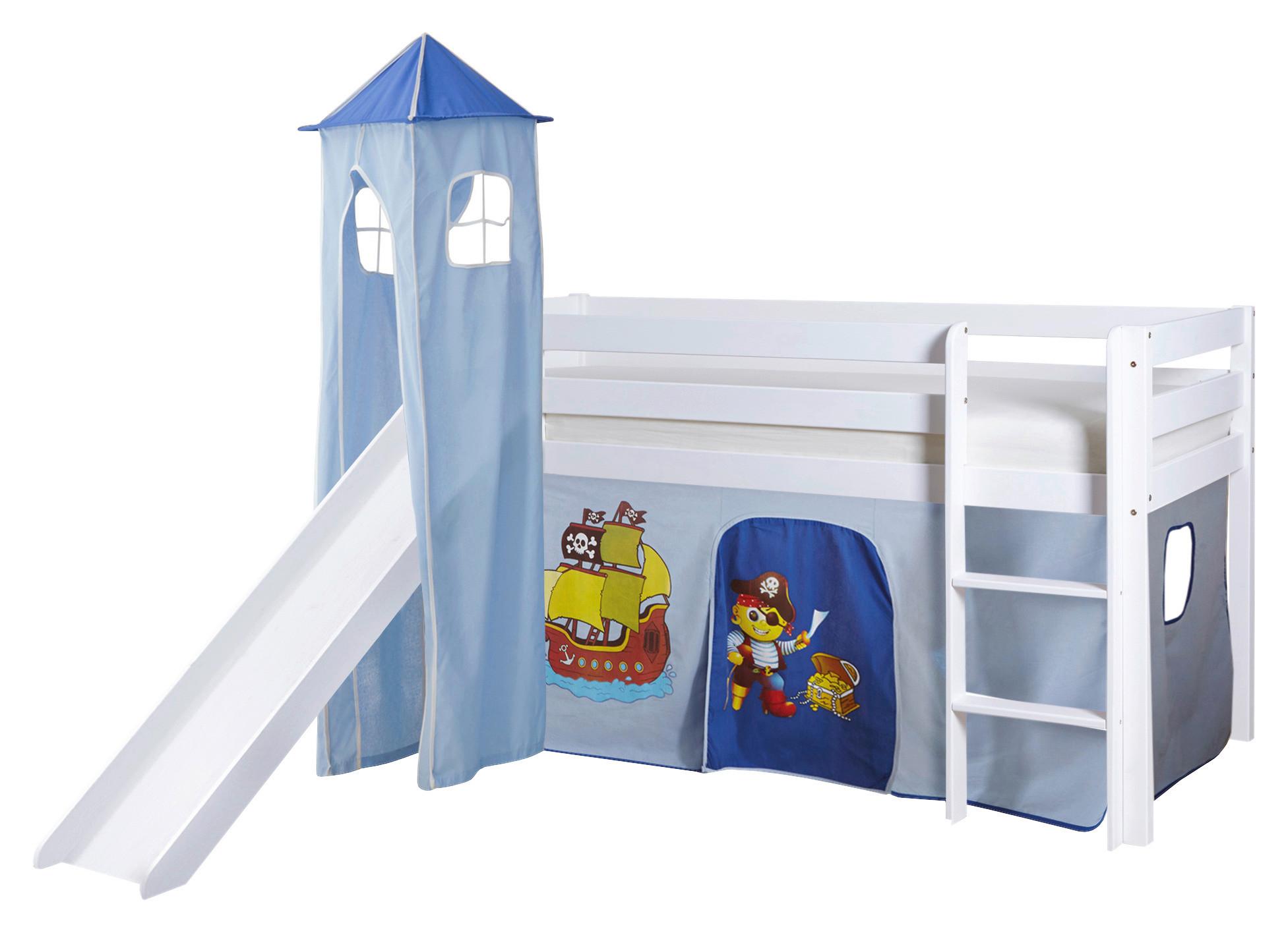 Spielbett Kasper Blau/ Weiß Kiefer Massiv 90 Cm Rutsche - Blau/Weiß, Natur, Holz (90/200cm) - MID.YOU