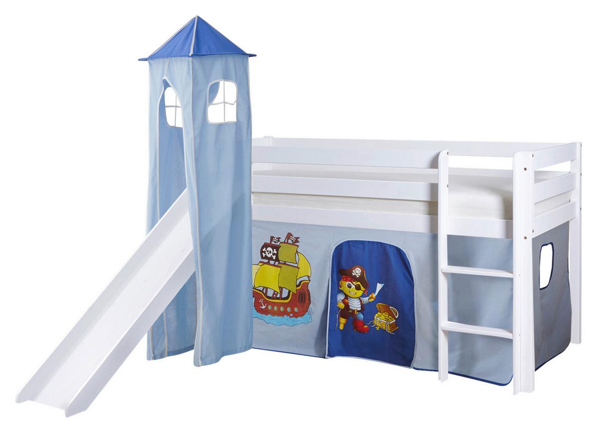 Spielbett Kasper Blau/ Weiß Kiefer Massiv 90 Cm Rutsche - Blau/Weiß, Natur, Holz (90/200cm) - MID.YOU