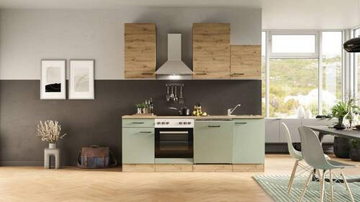 Küchenblock Cara Eiche Artisan/Grün B: 220 cm - Eiche Artisan/Grün, MODERN, Holzwerkstoff (220cm) - FlexWell