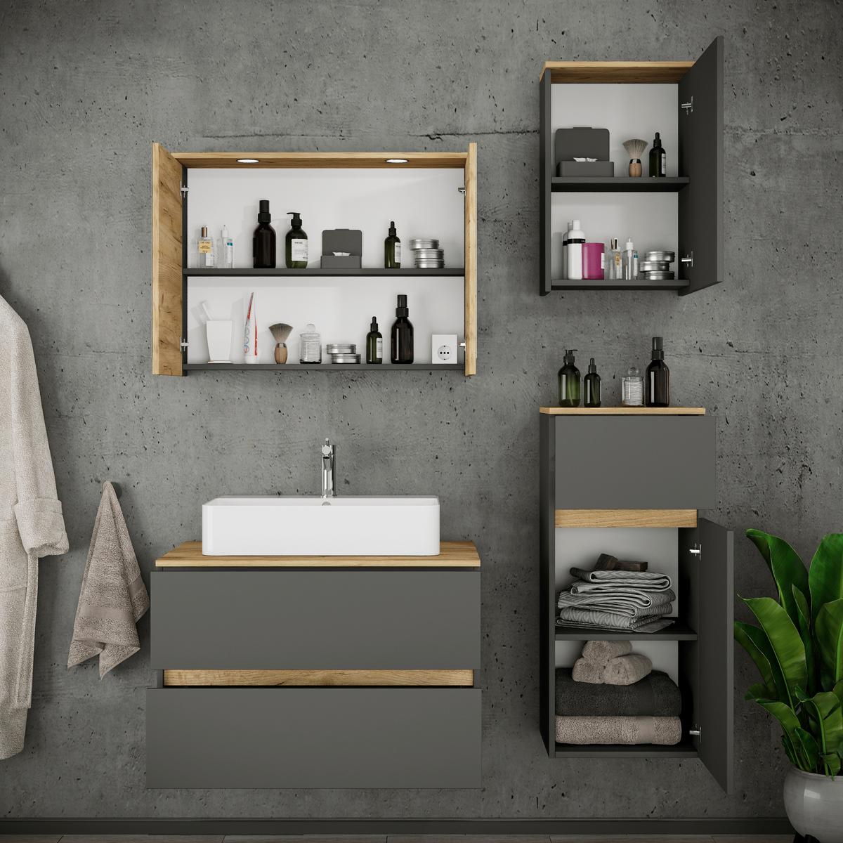 Fürdőszobabútor Cosila - méztölgy színű/antracit, Trend, faalapú anyag/kerámia (120cm) - MID.YOU