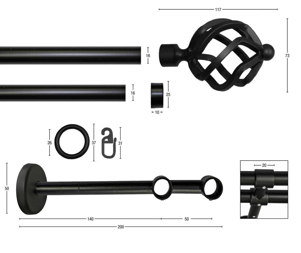Vorhangstange Schwarz, 140 cm - Schwarz, KONVENTIONELL, Metall (140cm)
