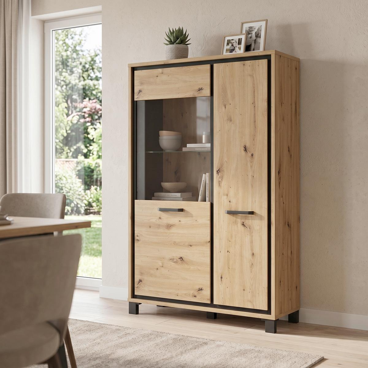 Highboard mit Glaselement 102 cm Trondheim, Eiche Dekor - Eichefarben/Schwarz, Basics, Glas/Holzwerkstoff (101.4/161/41.5cm) - Livetastic