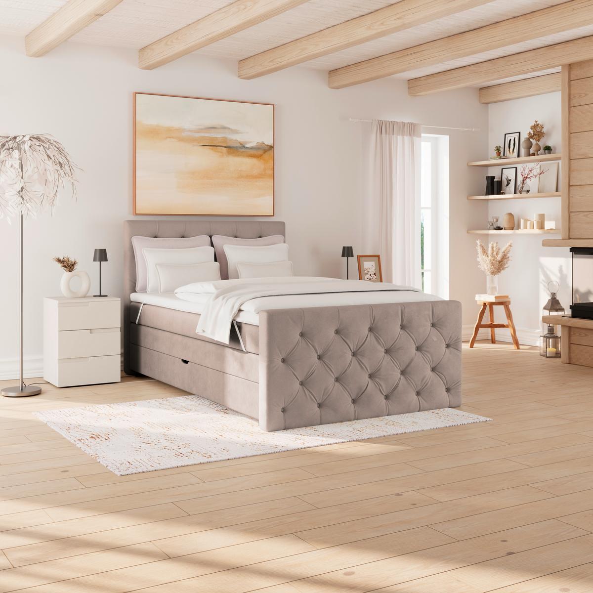 Boxspringbett Elio Beige 140x200 cm H3/H4 - Beige/Schwarz, ROMANTIK / LANDHAUS, Textil (140/200cm) - James Wood