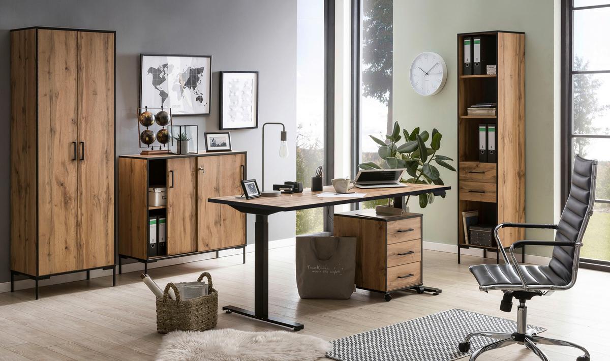 Schreibtisch Serie Eiche Dekor L: 160cm - Eichefarben/Schwarz, KONVENTIONELL, Holzwerkstoff/Metall (160/75/73-117,5cm) - MID.YOU