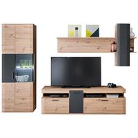 Wohnkombination 3-Tlg. Cortona Anthrazit/Eichefarben - Klar/Eichefarben, Design, Glas/Holzwerkstoff (290/198/50cm) - Livetastic