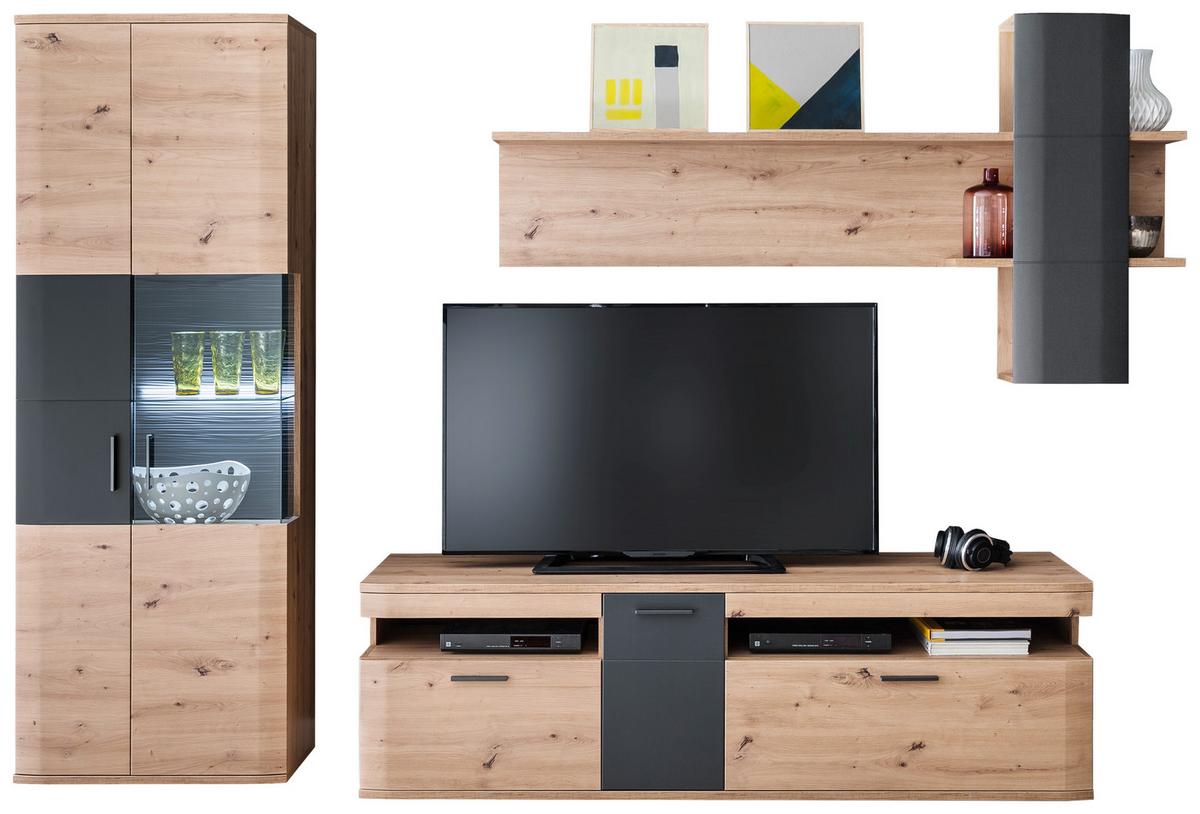 Wohnkombination 3-Tlg. Cortona Anthrazit/Eichefarben - Klar/Eichefarben, Design, Glas/Holzwerkstoff (290/198/50cm) - Livetastic