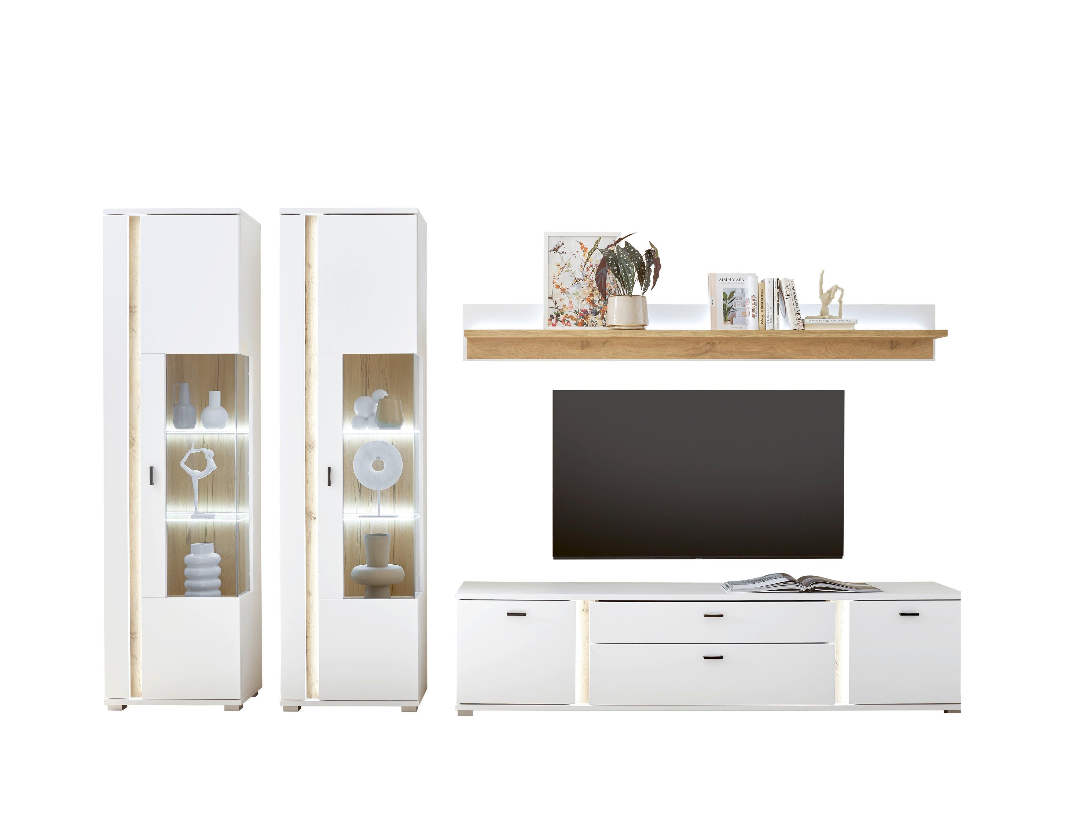 Wohnwand Long Island Weiß/Eiche Wotan B: 330cm - Silberfarben/Eiche Wotan, Design, Glas/Holzwerkstoff (330/200/42cm) - MID.YOU
