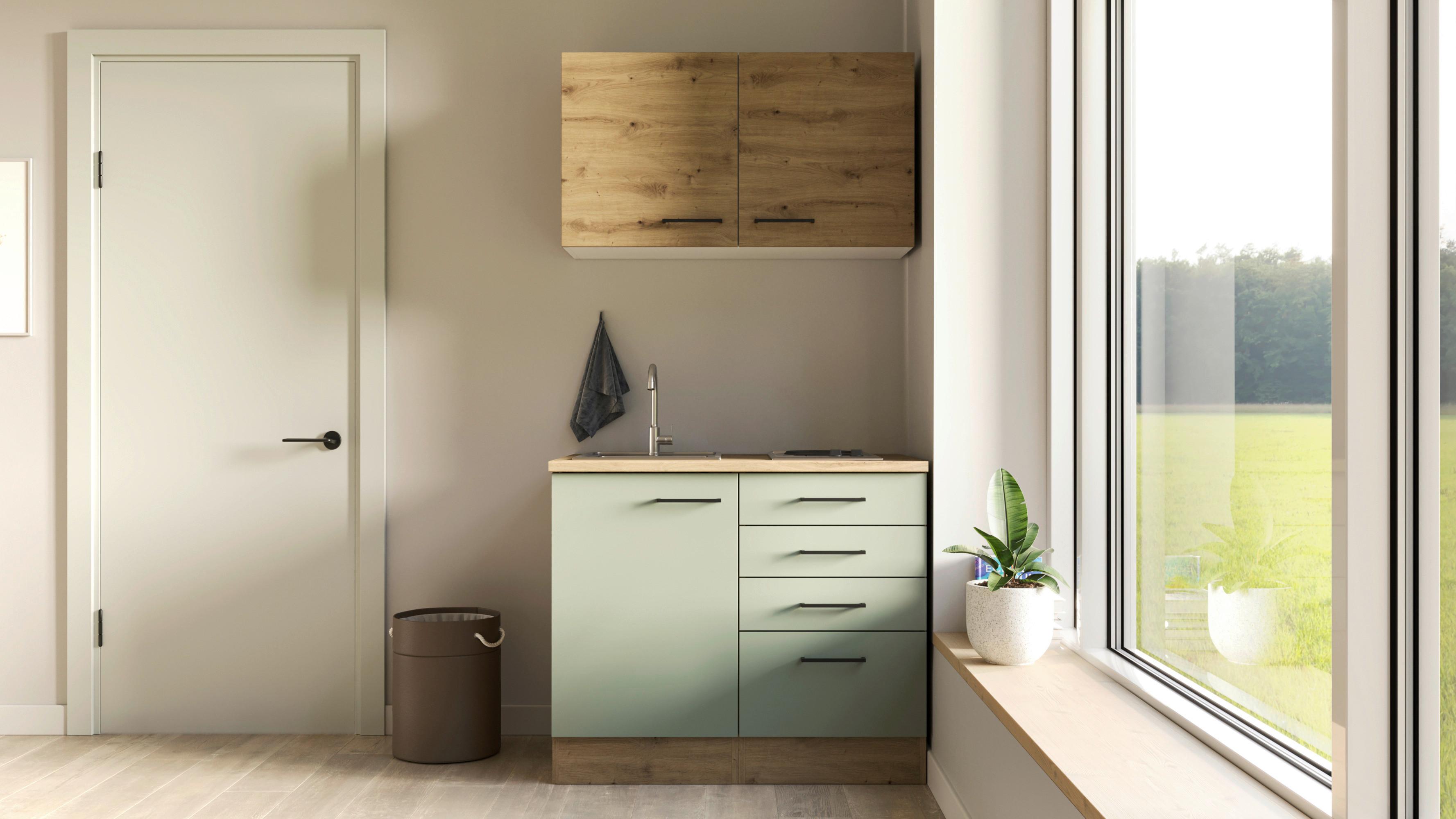 Miniküche Mit Spüle 100 cm Eiche Artisan/Grün - Eiche Artisan/Grün, MODERN, Holzwerkstoff (100cm) - FlexWell