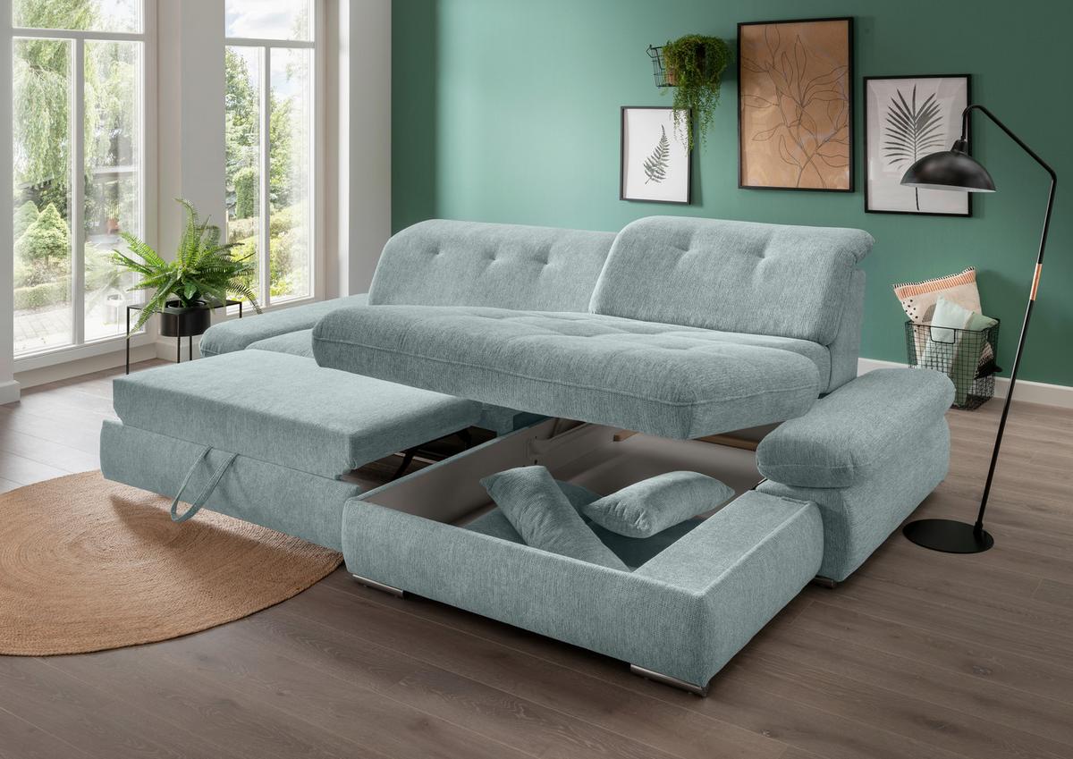 Ecksofa Dalida Blau S: 300x196 cm - Chromfarben/Blau, Design, Textil (300/196cm) - Livetastic