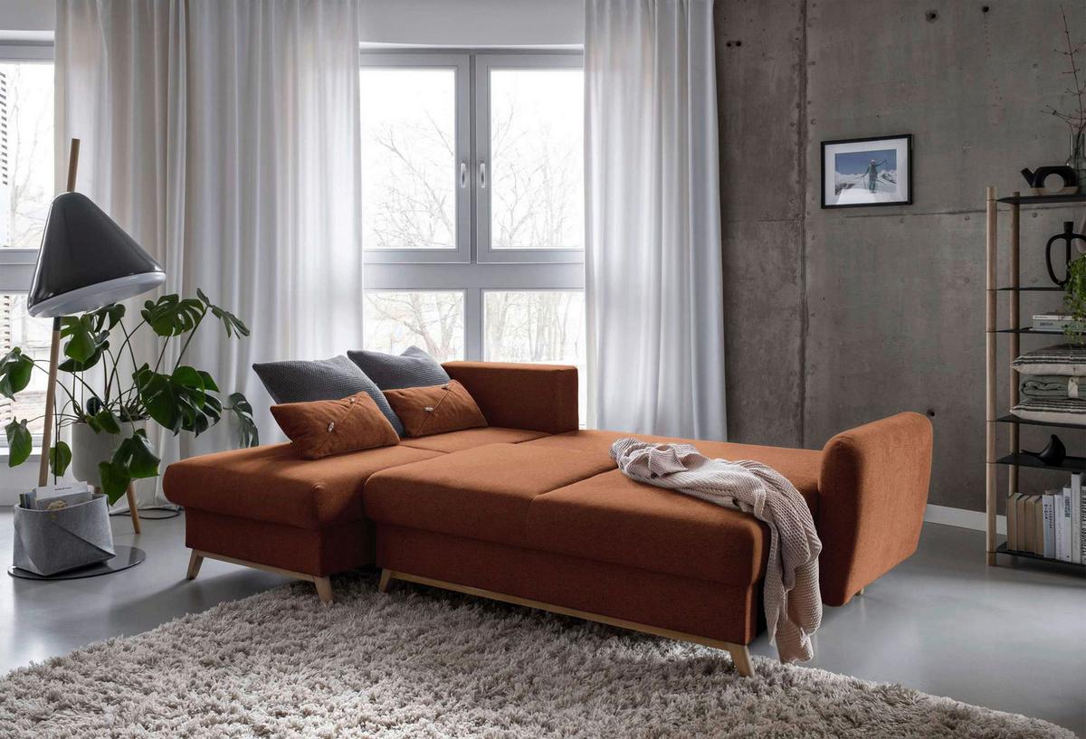 Sedačka LUCILE S, levá, cihlová, úl.prostor a lůžko - terracotta/přírodní barvy, dřevo/textil (157/235cm) - MID.YOU