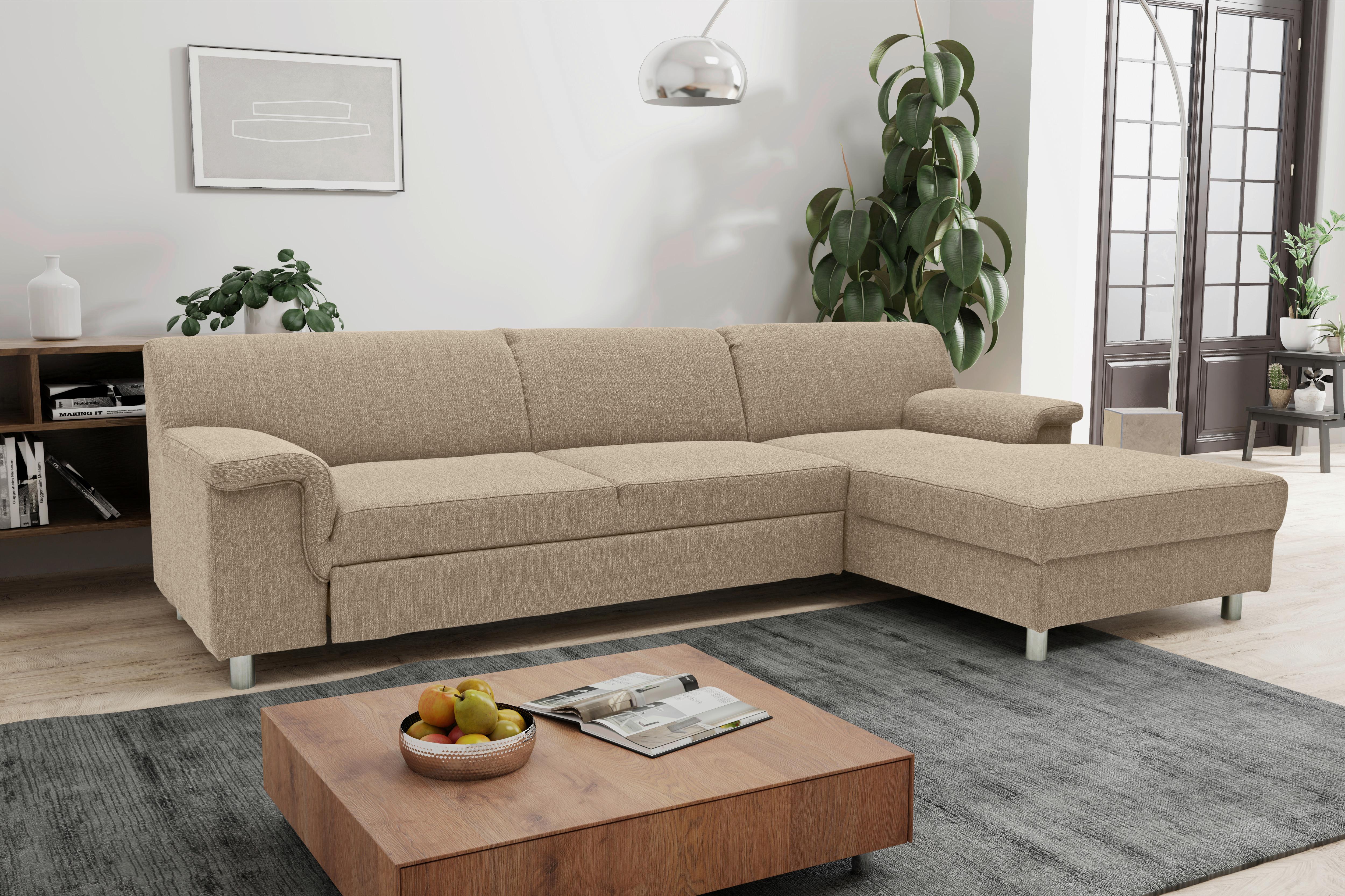 Ecksofa Jamie Rücken Echt Beige Webstoff - Chromfarben/Beige, KONVENTIONELL, Textil (251/150cm) - MID.YOU