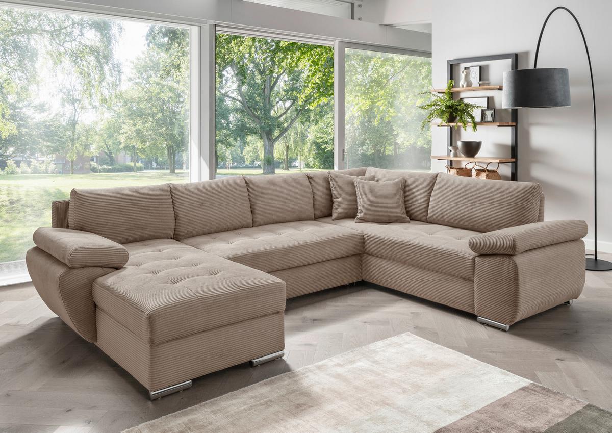 Wohnlandschaft Terana mit Schlaffunktion, Goldbraun - Chromfarben/Graubraun, KONVENTIONELL, Textil (157/305/219cm) - Livetastic