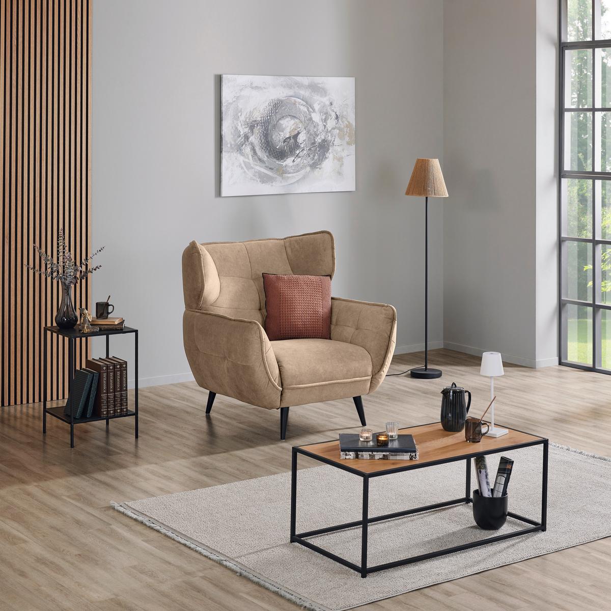 Kreslo ušiak PESCARA, sahara - čierna/Sahara, Modern, textil (103/105/98cm)