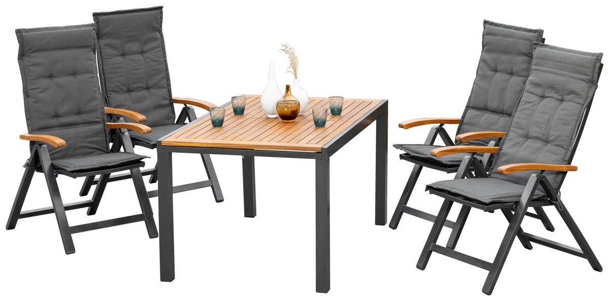 Gartengarnitur 9-Tlg. Tilos Aus Echtholz - Schwarz/Grau, KONVENTIONELL, Holz/Textil - Gardenson
