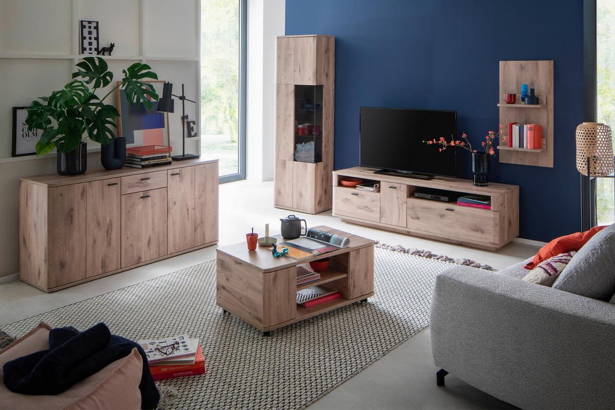 Wohnwand Prato Eiche Dekor B: 270 cm - Eichefarben, Design, Glas/Holzwerkstoff (270/199/50cm) - MID.YOU