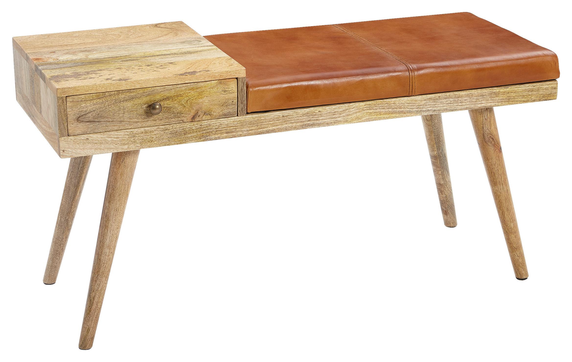 Garderobenbank Salim B: 100 cm Gepolstert Leder/Mangoholz - Braun, Natur, Holz (100/52/38cm) - MID.YOU