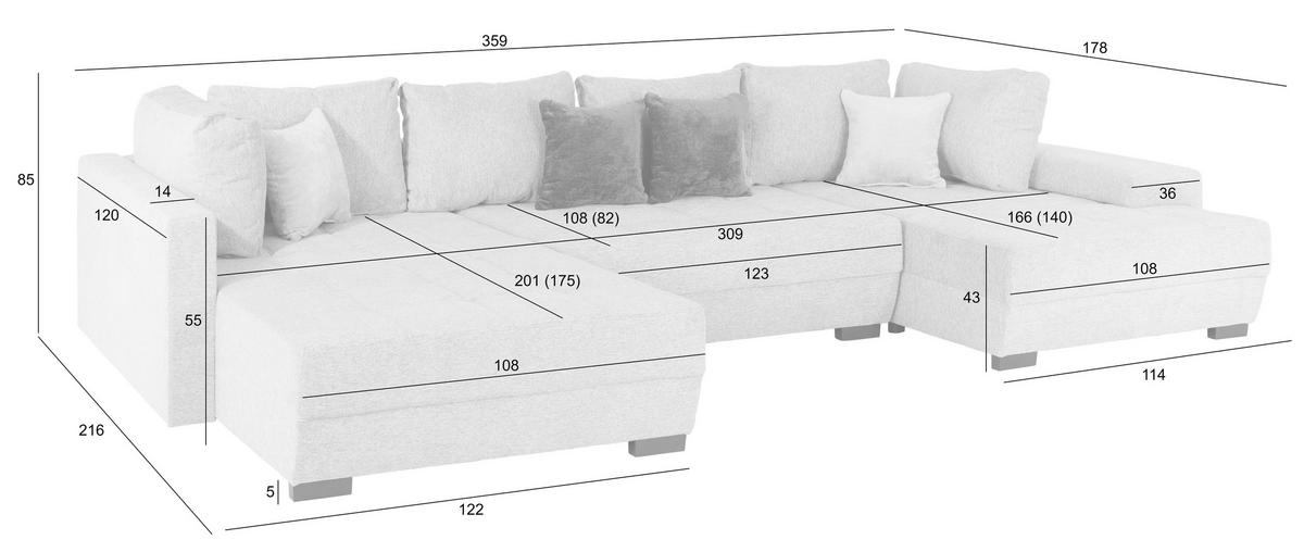 Wohnlandschaft Lugano Mit Schlaffunktion Hellgrau - Hellgrau/Schwarz, MODERN, Textil (216/359/178cm)