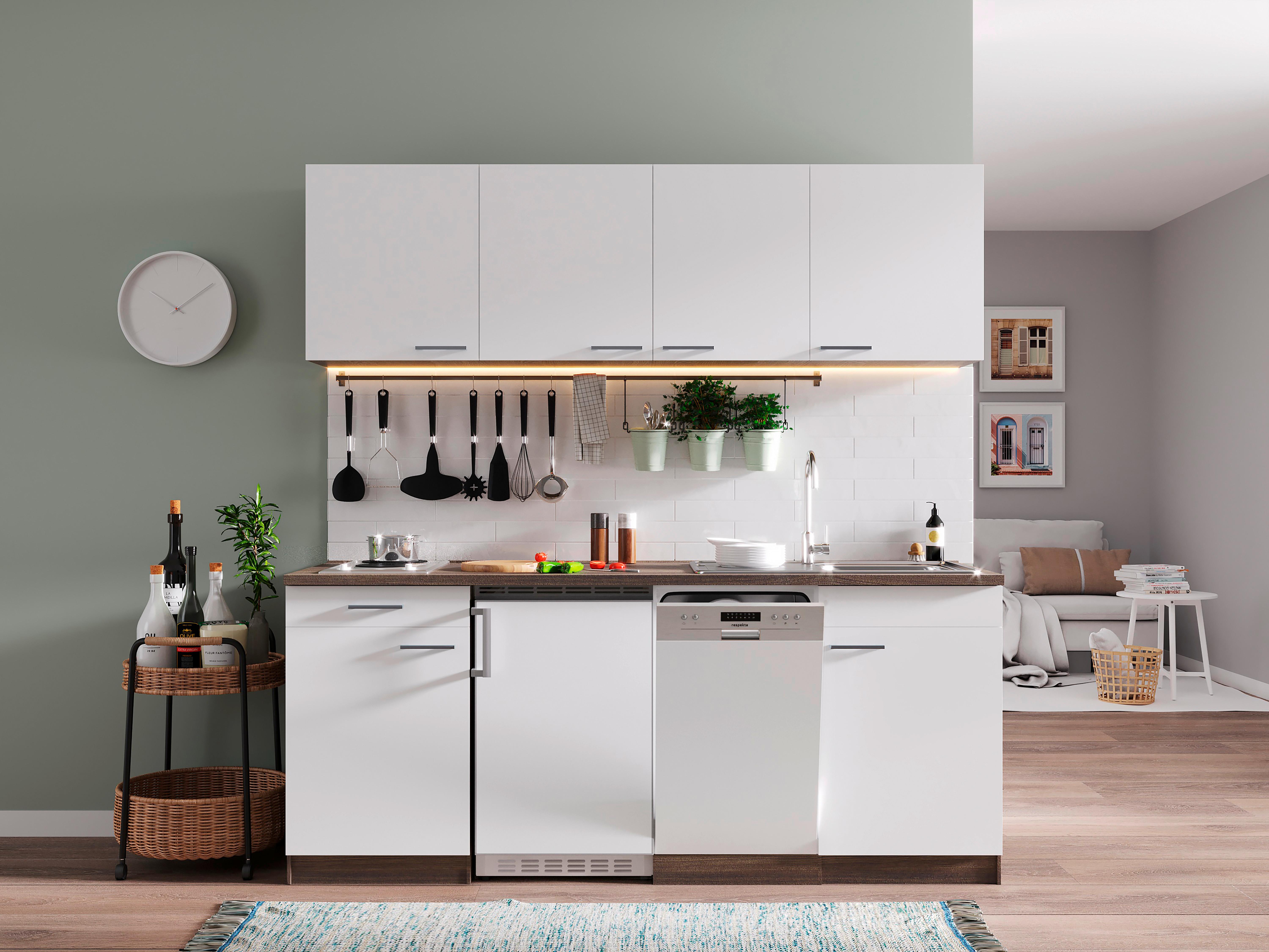 Küchenzeile Economy m. Geräten 195 cm Weiß/Eiche Dekor modern - Eichefarben/Weiß, Basics, Holzwerkstoff (195cm) - Respekta