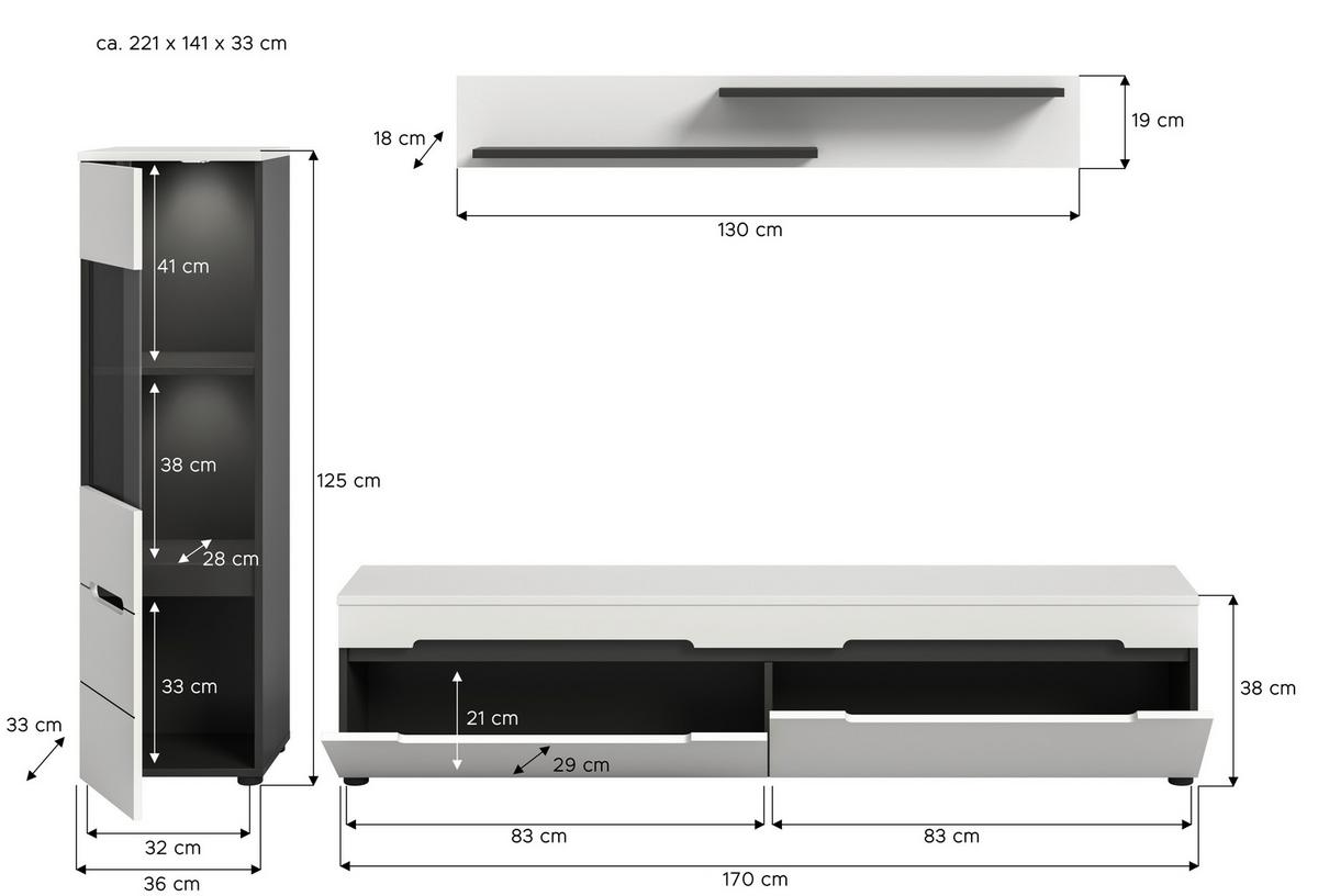 WOHNWAND Canu Weiß B: 221cm - Schwarz/Weiß, Design, Holzwerkstoff (221/141/33cm) - Livetastic
