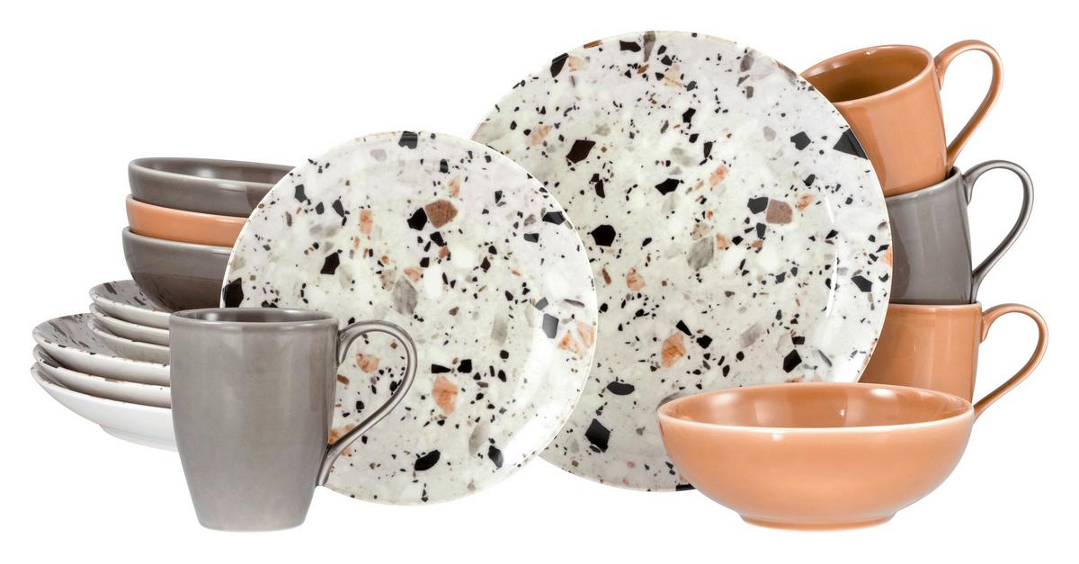 Kombiservice Terrazzo Mix, Grau, 16-Tlg. - Koralle/Multicolor, Basics, Keramik - Creatable