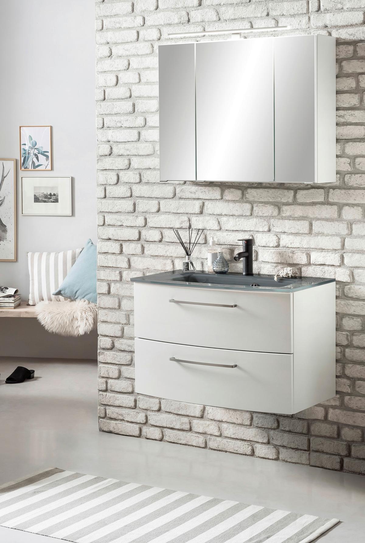 Waschbecken Mit Unterschrank Stockholm B: 80cm Weiß/grau - Weiß/Grau, KONVENTIONELL, Glas/Holzwerkstoff (80cm) - Held