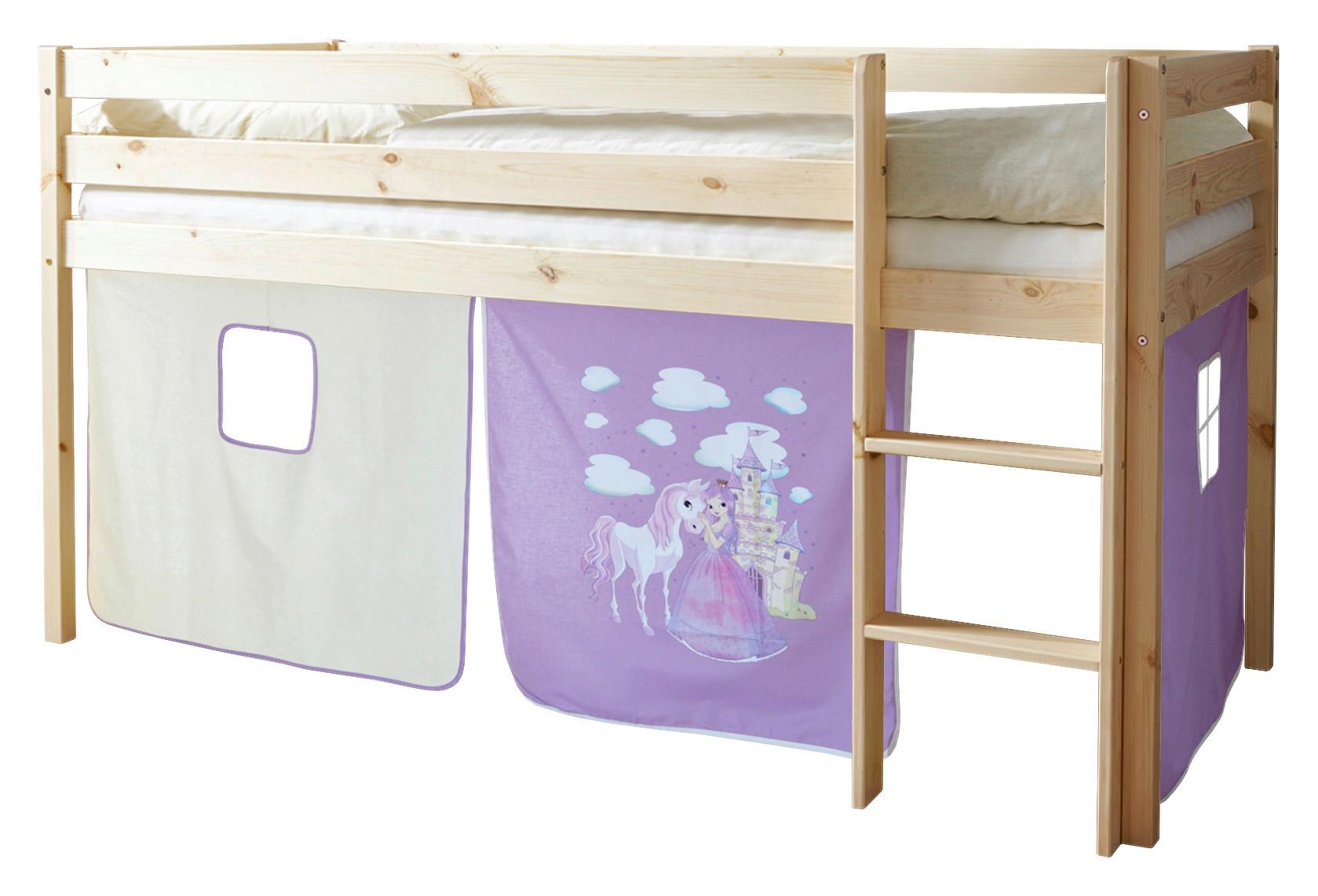 Spielbett Malte Flieder Kiefer Massiv 90 Cm Vorhang Leiter - Beige/Lila, Natur, Holz (90/200cm) - MID.YOU